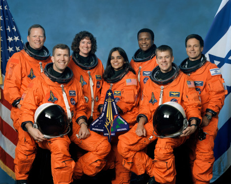 The STS-107 crew includes, from the left, Mission Specialist David Brown, Commander Rick Husband, Mission Specialists Laurel Clark, Kalpana Chawla and Michael Anderson, Pilot William McCool and Payload Specialist Ilan Ramon. (NASA photo)